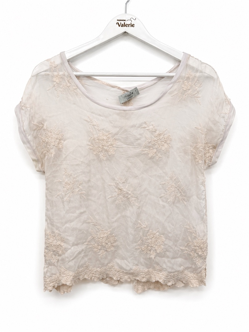 Angela Moda Ivory Lace Sheer Short Sleeve Top Silk Blend Coquette Floral Small